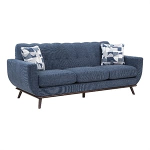Keto 87 Inch Sofa- Blue Chenille- 2 Throw Pillows- Brown Solid Wood
