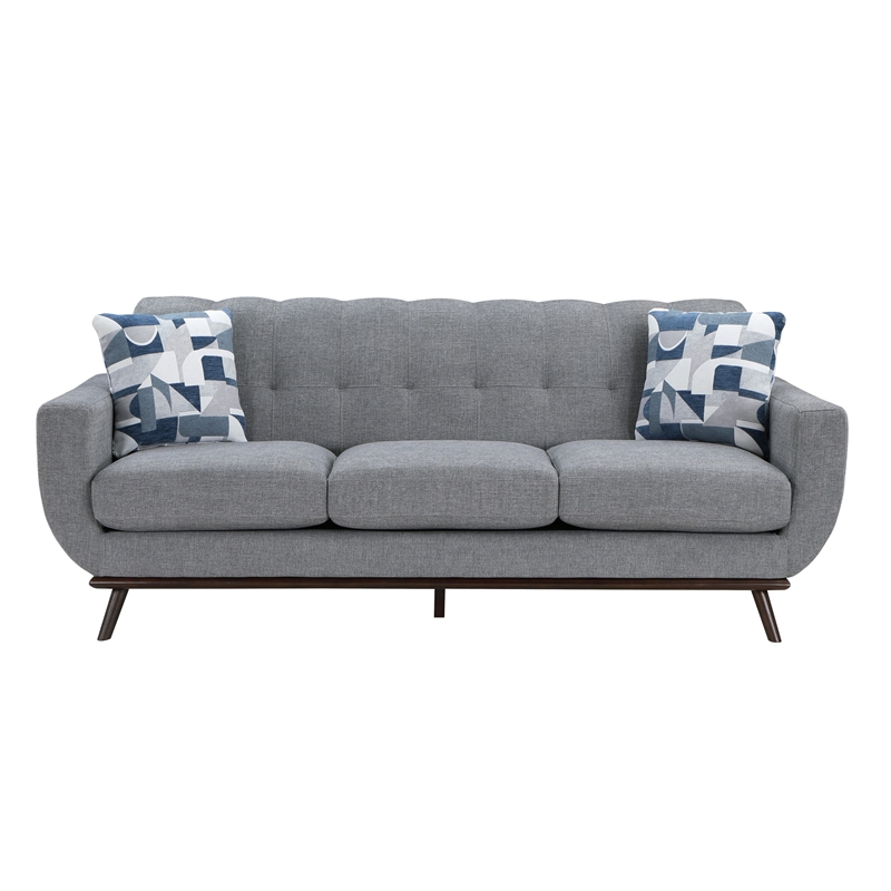 Keto 87 Inch Sofa- Gray Chenille- 2 Throw Pillows- Brown Solid Wood