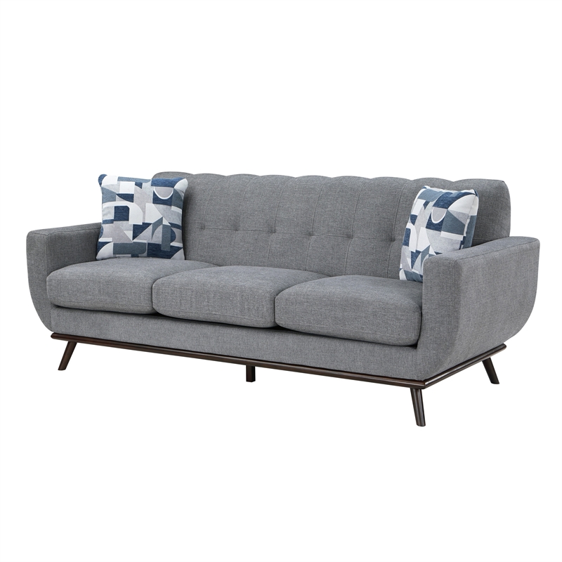 Keto 87 Inch Sofa- Gray Chenille- 2 Throw Pillows- Brown Solid Wood