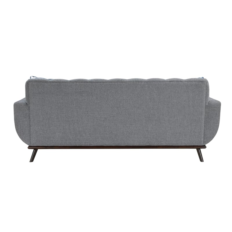 Keto 87 Inch Sofa- Gray Chenille- 2 Throw Pillows- Brown Solid Wood