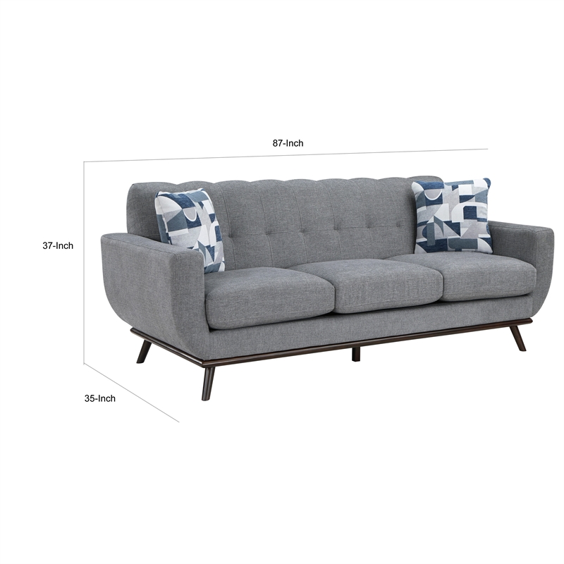 Keto 87 Inch Sofa- Gray Chenille- 2 Throw Pillows- Brown Solid Wood