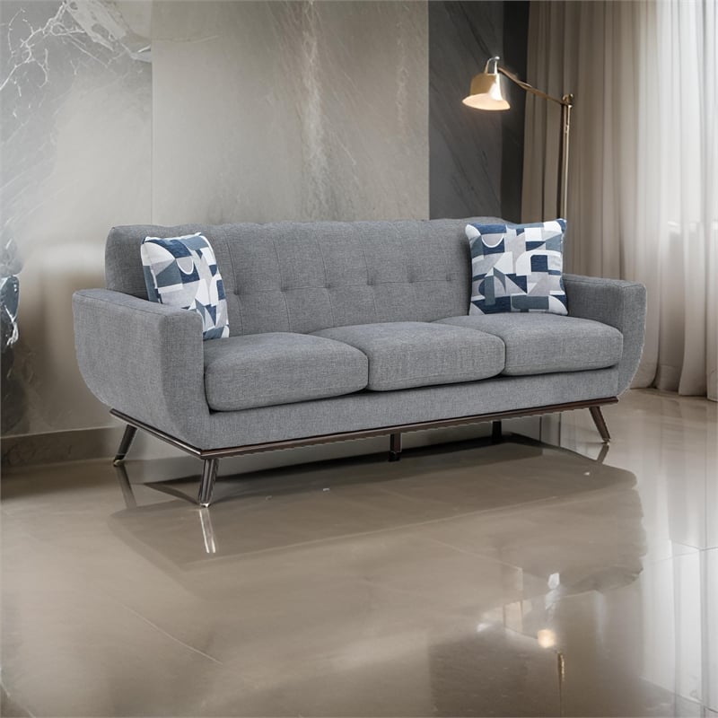 Keto 87 Inch Sofa- Gray Chenille- 2 Throw Pillows- Brown Solid Wood