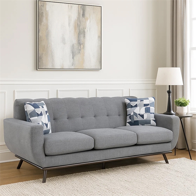 Keto 87 Inch Sofa- Gray Chenille- 2 Throw Pillows- Brown Solid Wood