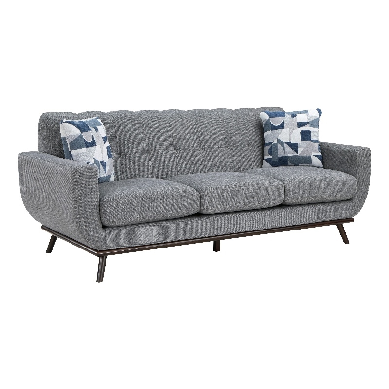 Keto 87 Inch Sofa- Gray Chenille- 2 Throw Pillows- Brown Solid Wood