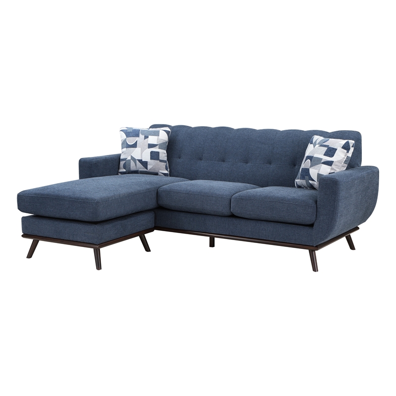 Keto 87 Inch Reversible L Shape Sofa With Chaise- 2 Pillows- Blue Chenille