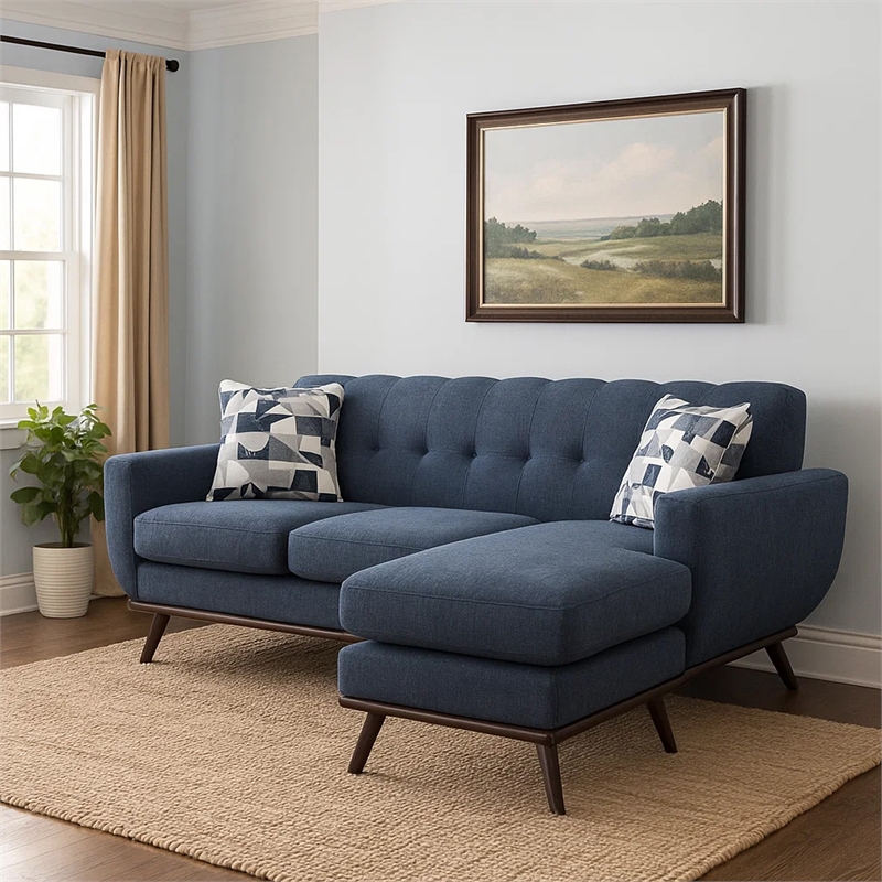 Keto 87 Inch Reversible L Shape Sofa With Chaise- 2 Pillows- Blue Chenille