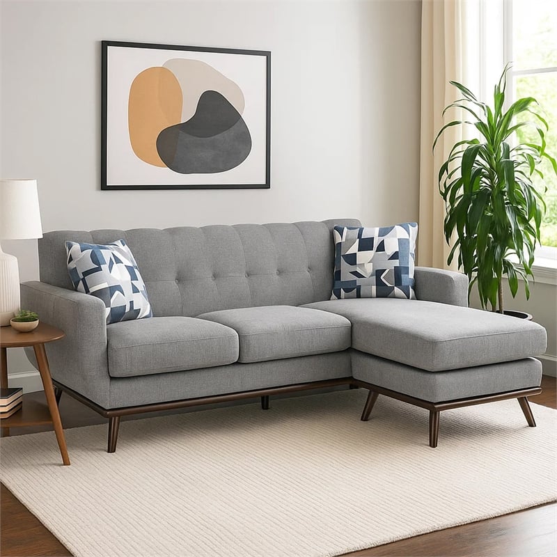 Keto 87 Inch Reversible L Shape Sofa With Chaise- 2 Pillows- Gray Chenille