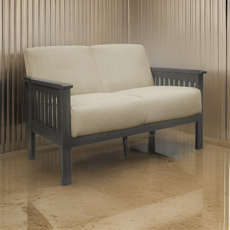 Wiston 50 Inch Loveseat- Beige Polyester- Dark Gray Solid Rubberwood