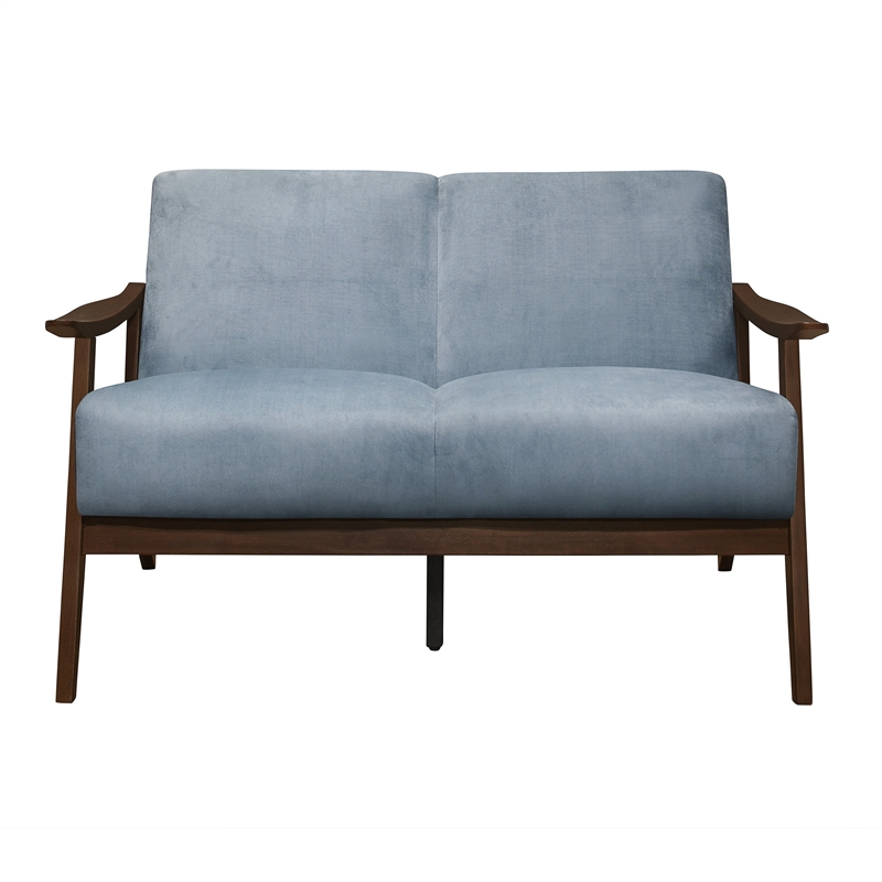 Rica 51 Inch Loveseat- Soft Blue Gray Velvet- Walnut Brown Solid Wood