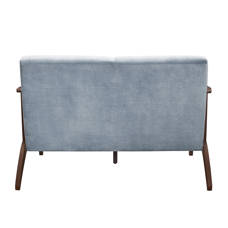 Rica 51 Inch Loveseat- Soft Blue Gray Velvet- Walnut Brown Solid Wood