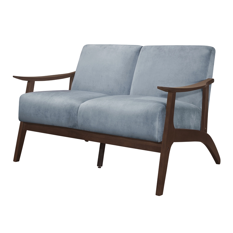 Rica 51 Inch Loveseat- Soft Blue Gray Velvet- Walnut Brown Solid Wood