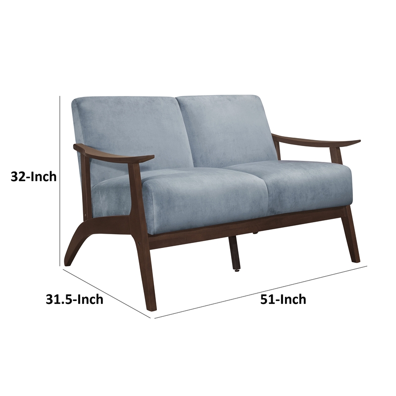 Rica 51 Inch Loveseat- Soft Blue Gray Velvet- Walnut Brown Solid Wood