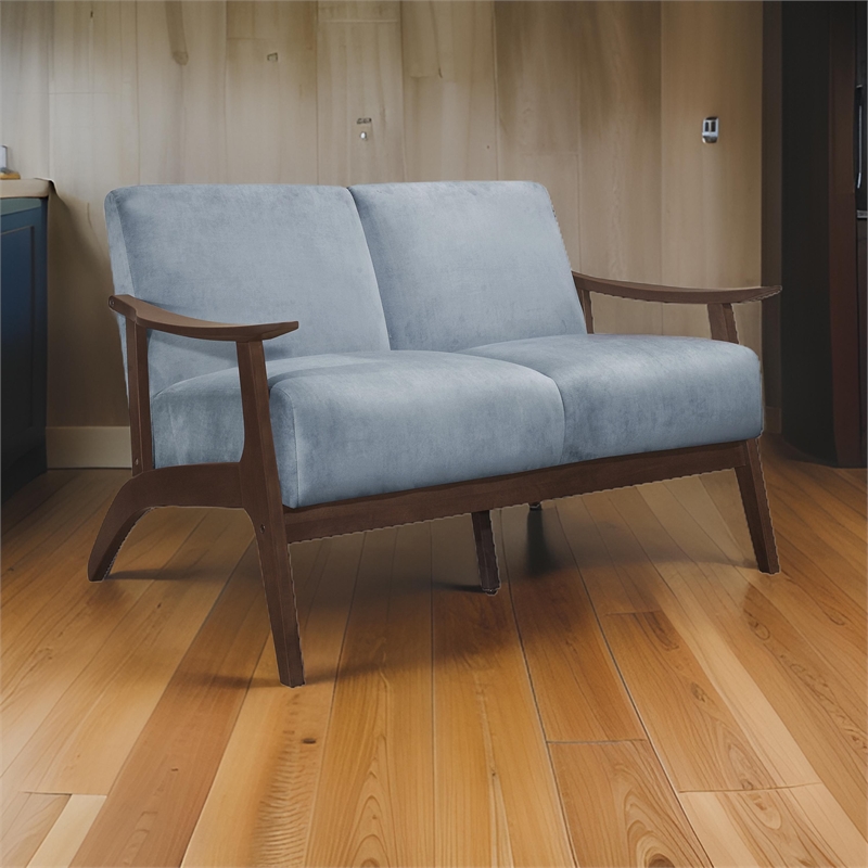 Rica 51 Inch Loveseat- Soft Blue Gray Velvet- Walnut Brown Solid Wood