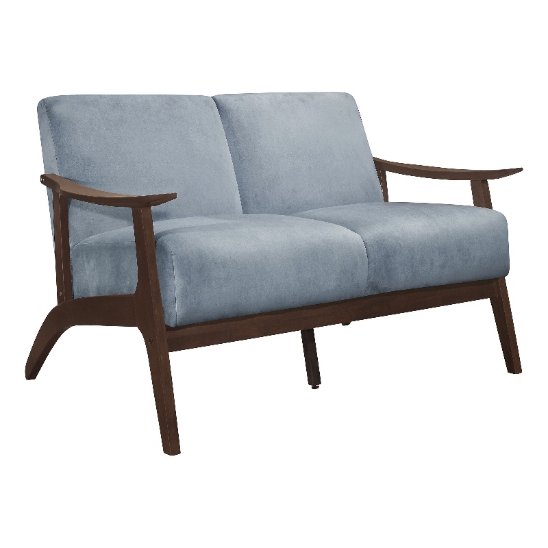 Rica 51 Inch Loveseat- Soft Blue Gray Velvet- Walnut Brown Solid Wood