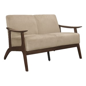 Rica 51 Inch Loveseat- Curved- Soft Beige Velvet- Walnut Brown Solid Wood