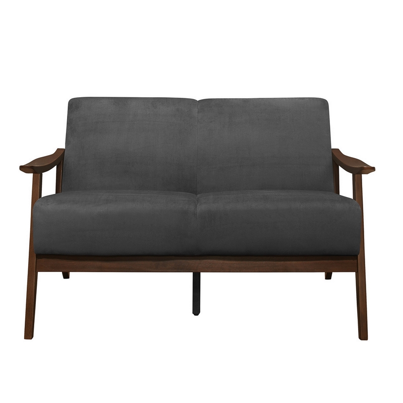 Rica 51 Inch Loveseat- Curved- Dark Gray Velvet- Walnut Brown Solid Wood