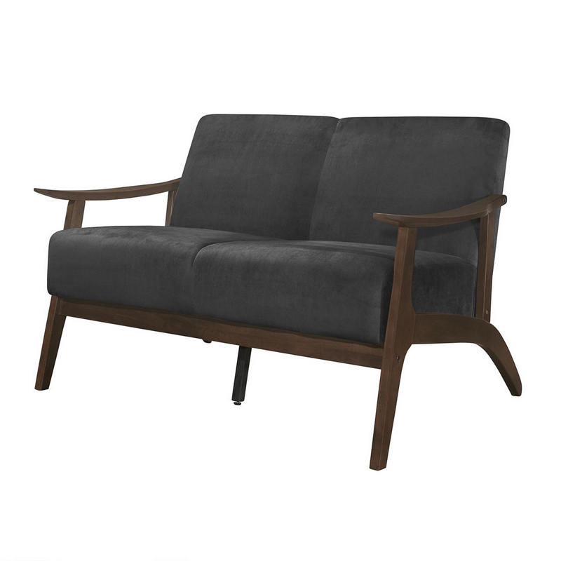 Rica 51 Inch Loveseat- Curved- Dark Gray Velvet- Walnut Brown Solid Wood