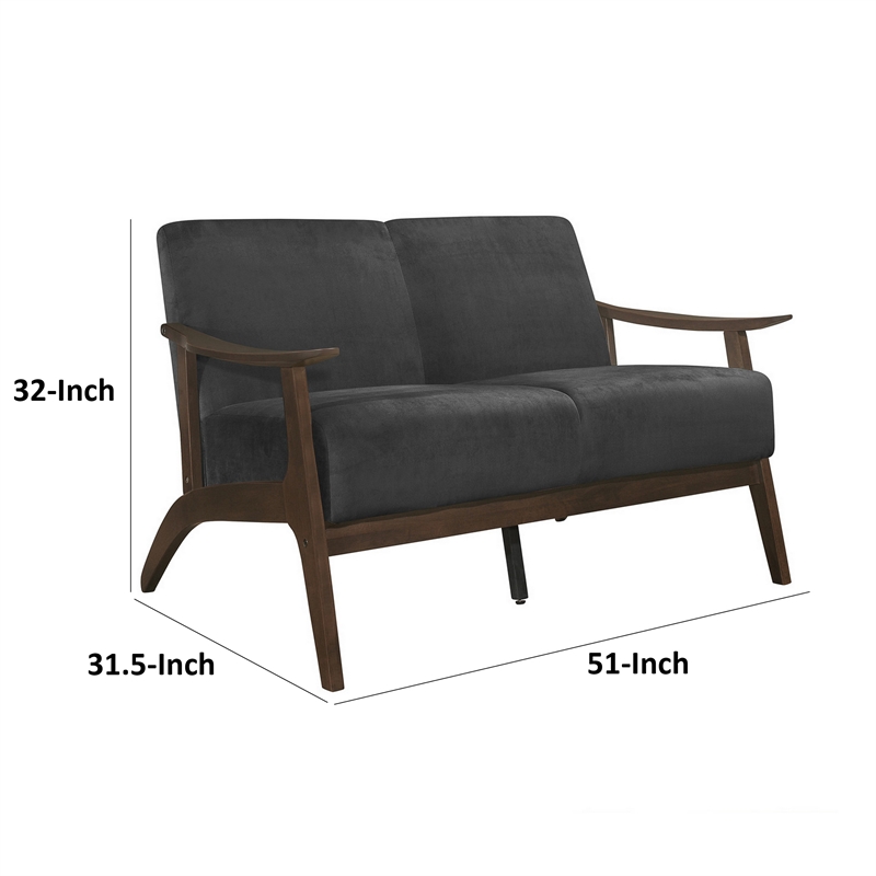 Rica 51 Inch Loveseat- Curved- Dark Gray Velvet- Walnut Brown Solid Wood