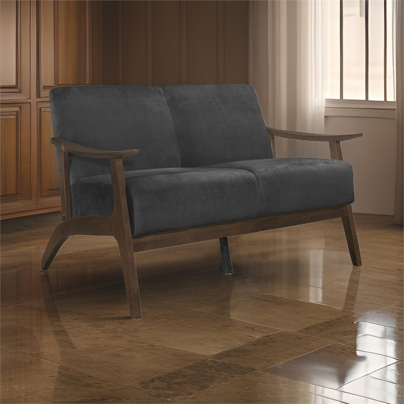 Rica 51 Inch Loveseat- Curved- Dark Gray Velvet- Walnut Brown Solid Wood