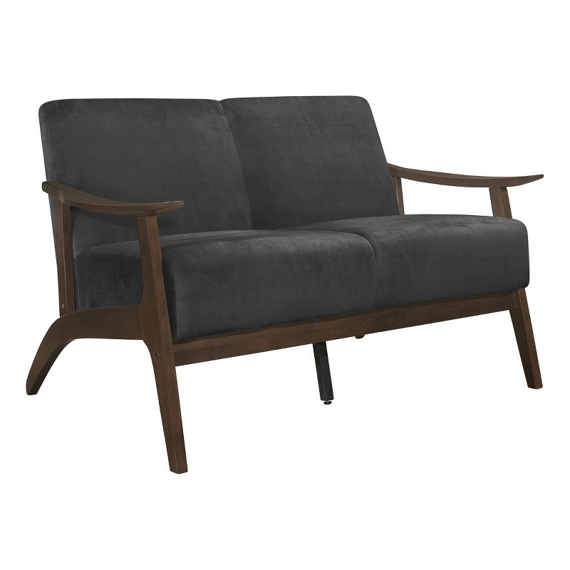 Rica 51 Inch Loveseat- Curved- Dark Gray Velvet- Walnut Brown Solid Wood