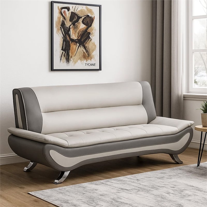 Elle 78 Inch Sofa- Beige- Gray Faux Leather- Metal Legs- Solid Wood Frame