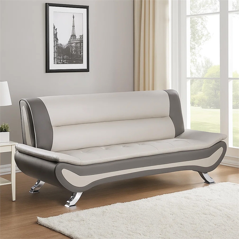 Elle 78 Inch Sofa- Beige- Gray Faux Leather- Metal Legs- Solid Wood Frame