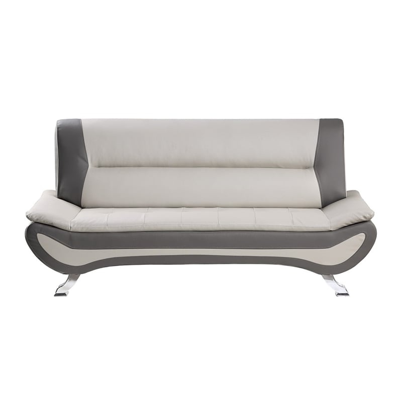 Elle 78 Inch Sofa- Beige- Gray Faux Leather- Metal Legs- Solid Wood Frame