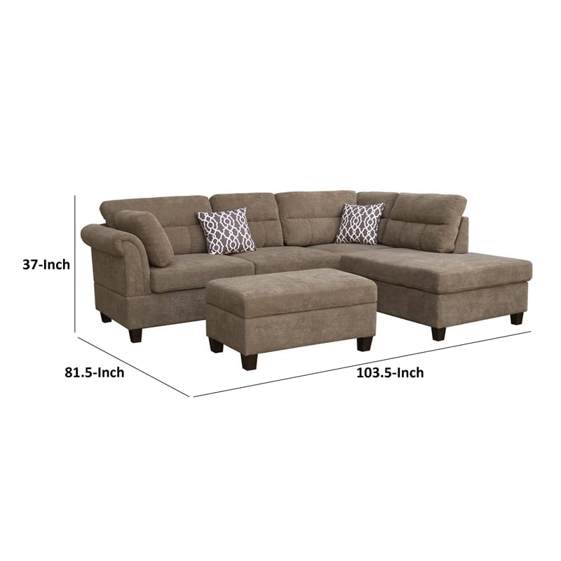 Ari 104 Inch Sectional Sofa with Chaise- Ottoman- 2 Accent Pillows- Brown
