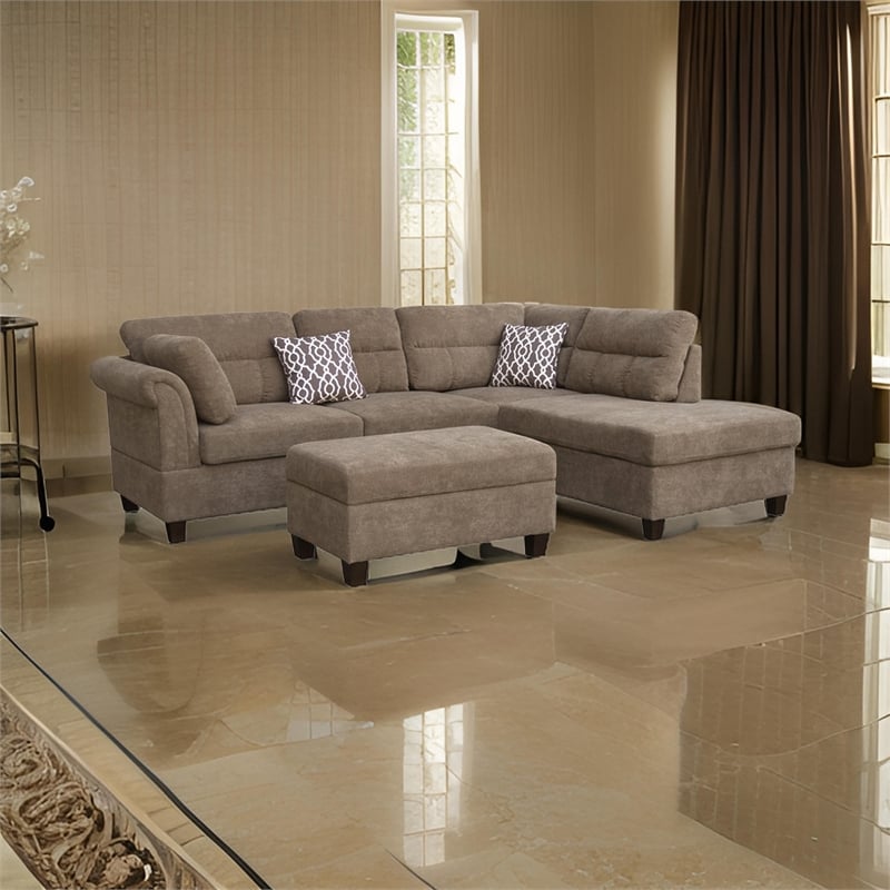 Ari 104 Inch Sectional Sofa with Chaise- Ottoman- 2 Accent Pillows- Brown