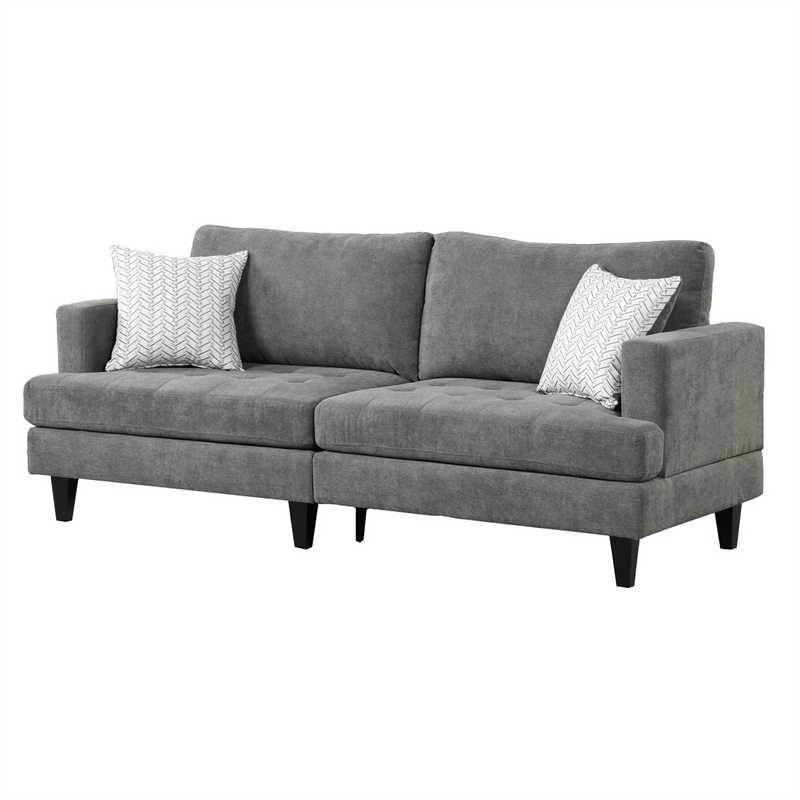 Lae 80 Inch Sofa with 2 Throw Pillows- Tufted- Gray Chenille Upholstery