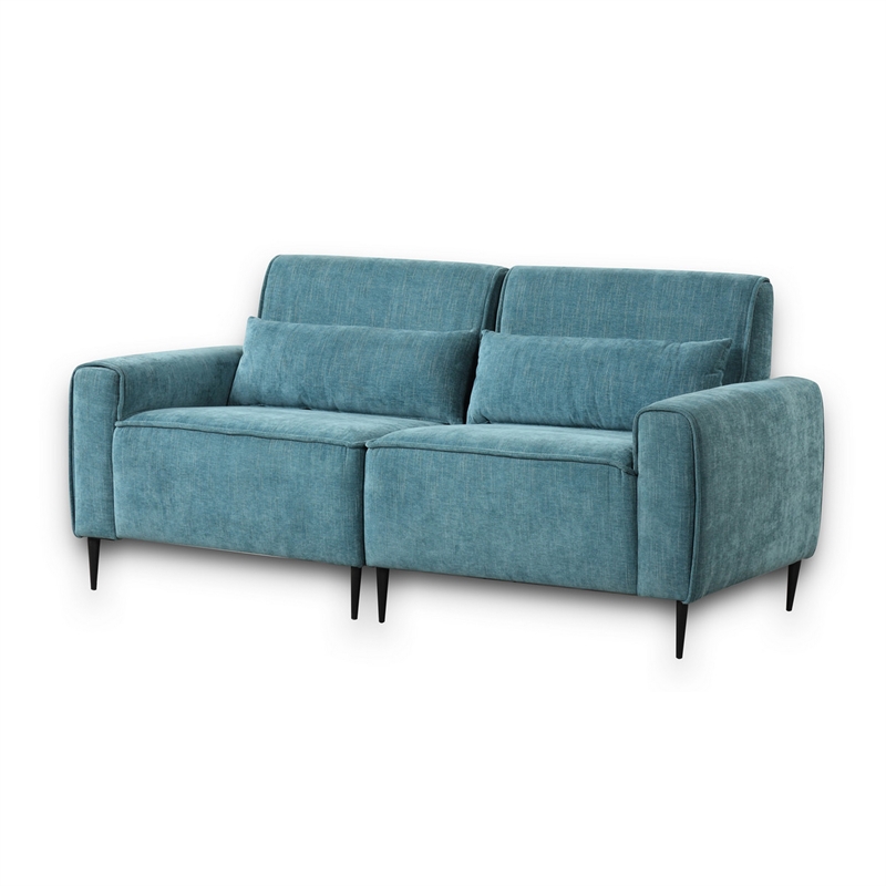 Tiu 74 Inch Sofa with 2 Lumbar Pillows- Blue Chenille- Metal- Solid Wood