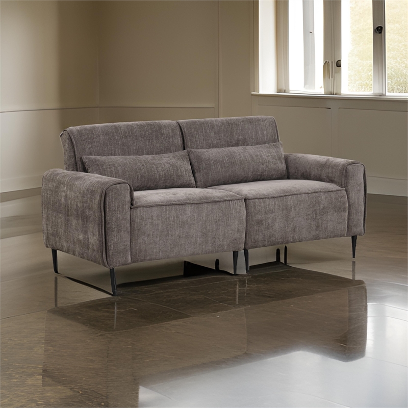 Tiu 74 Inch Sofa with 2 Lumbar Pillows- Gray Chenille- Metal- Solid Wood