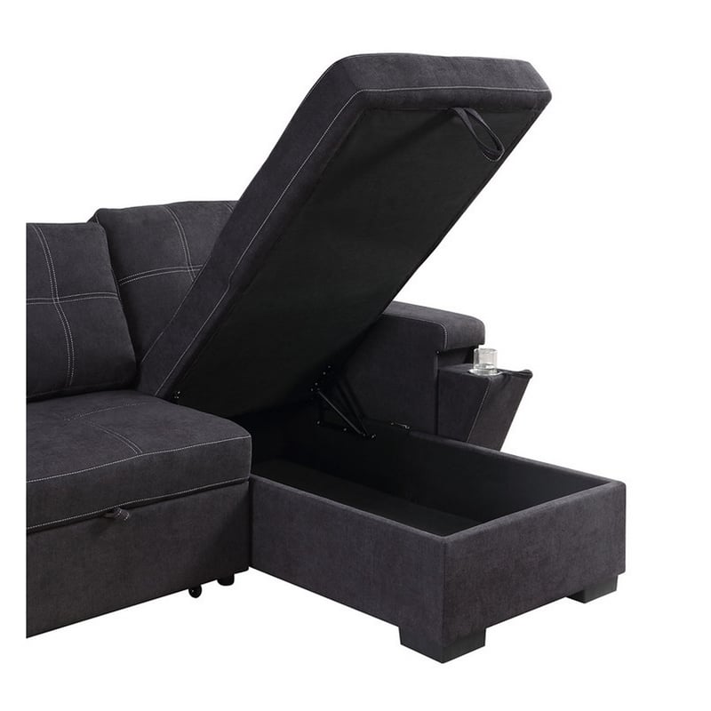 Oby 95 Inch Reversible Sleeper Sectional Sofa- Storage Chaise- USB- Black