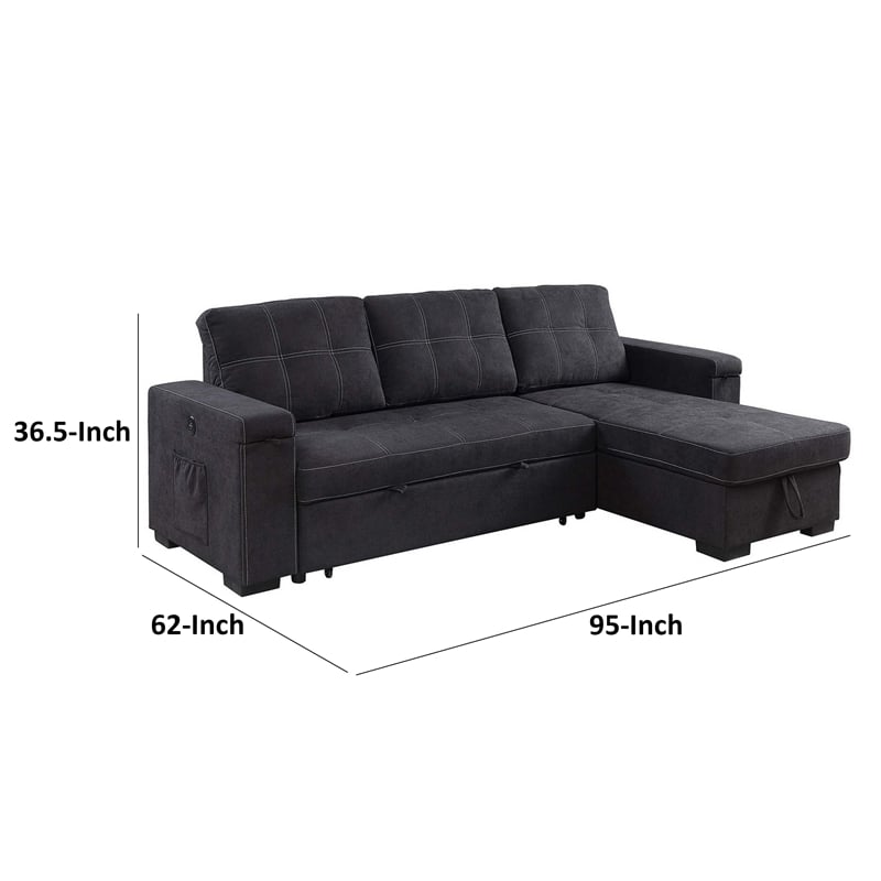 Oby 95 Inch Reversible Sleeper Sectional Sofa- Storage Chaise- USB- Black