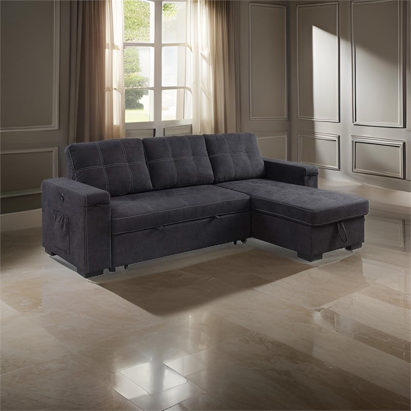 Oby 95 Inch Reversible Sleeper Sectional Sofa- Storage Chaise- USB- Black