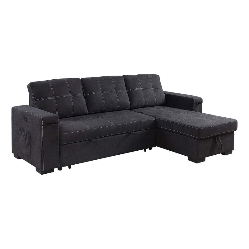 Oby 95 Inch Reversible Sleeper Sectional Sofa- Storage Chaise- USB- Black