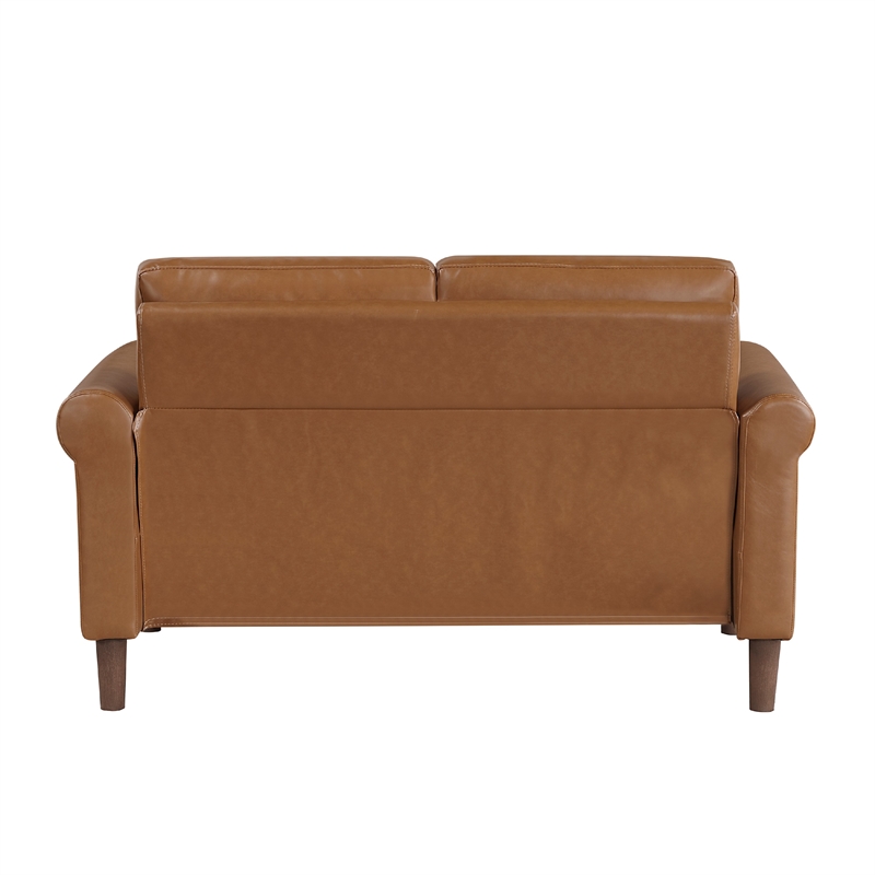 Lo Loveseat w Rolled Arms- Mid Century Brown Faux Leather 57 Inch