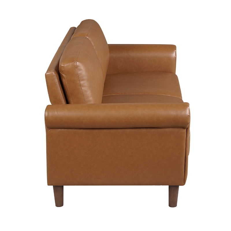 Lo Loveseat w Rolled Arms- Mid Century Brown Faux Leather 57 Inch