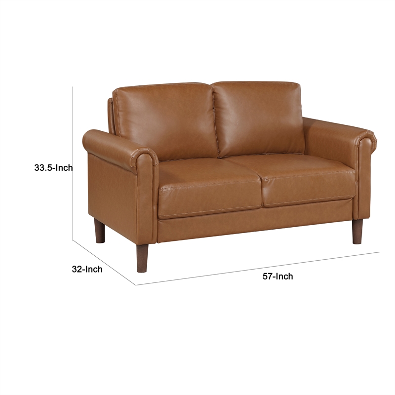 Lo Loveseat w Rolled Arms- Mid Century Brown Faux Leather 57 Inch
