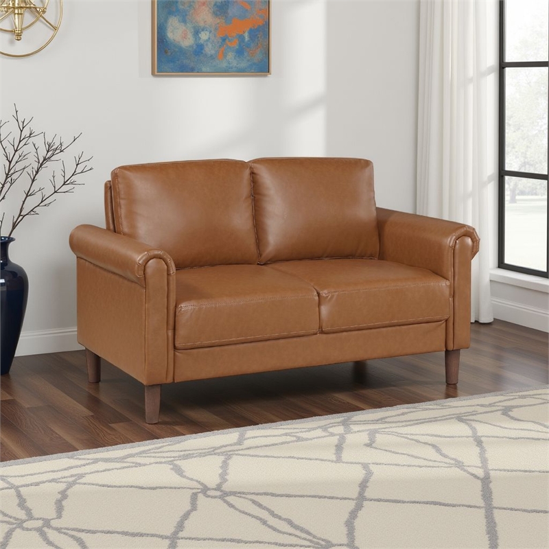 Lo Loveseat w Rolled Arms- Mid Century Brown Faux Leather 57 Inch