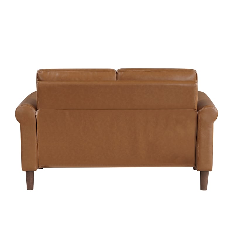 Lo Loveseat w Rolled Arms- Mid Century Brown Faux Leather 57 Inch
