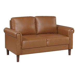 Lo Loveseat w Rolled Arms- Mid Century Brown Faux Leather 57 Inch