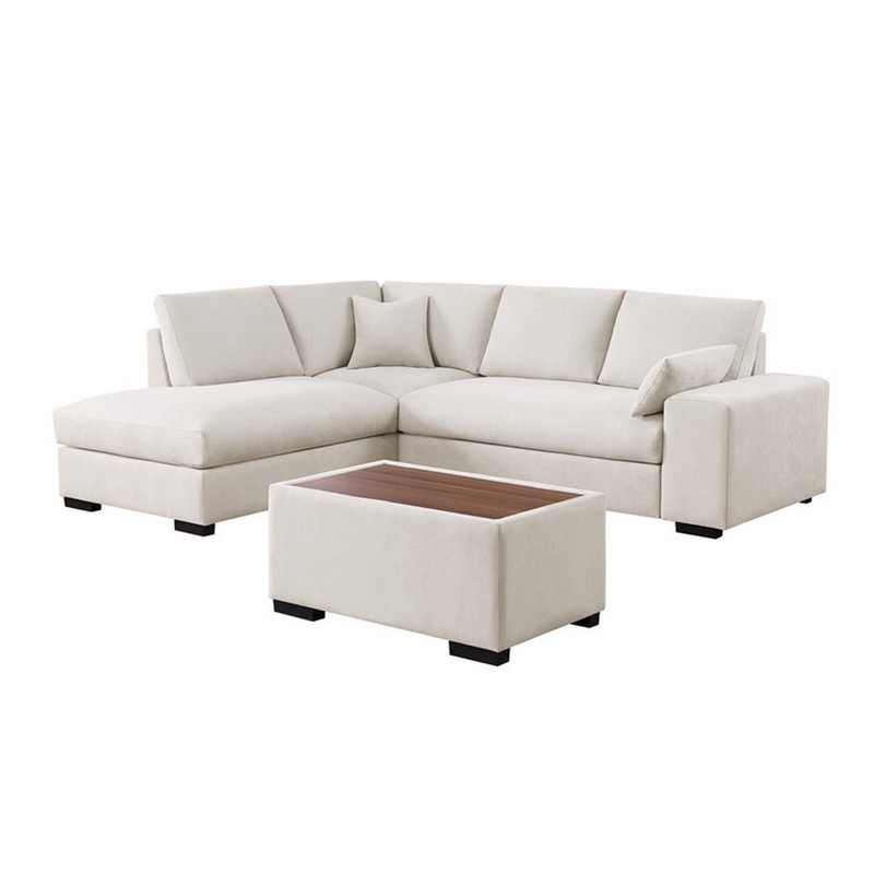 Eri 100 Inch Sectional Sofa- Right Facing Chaise- Ottoman- Pillows- Beige
