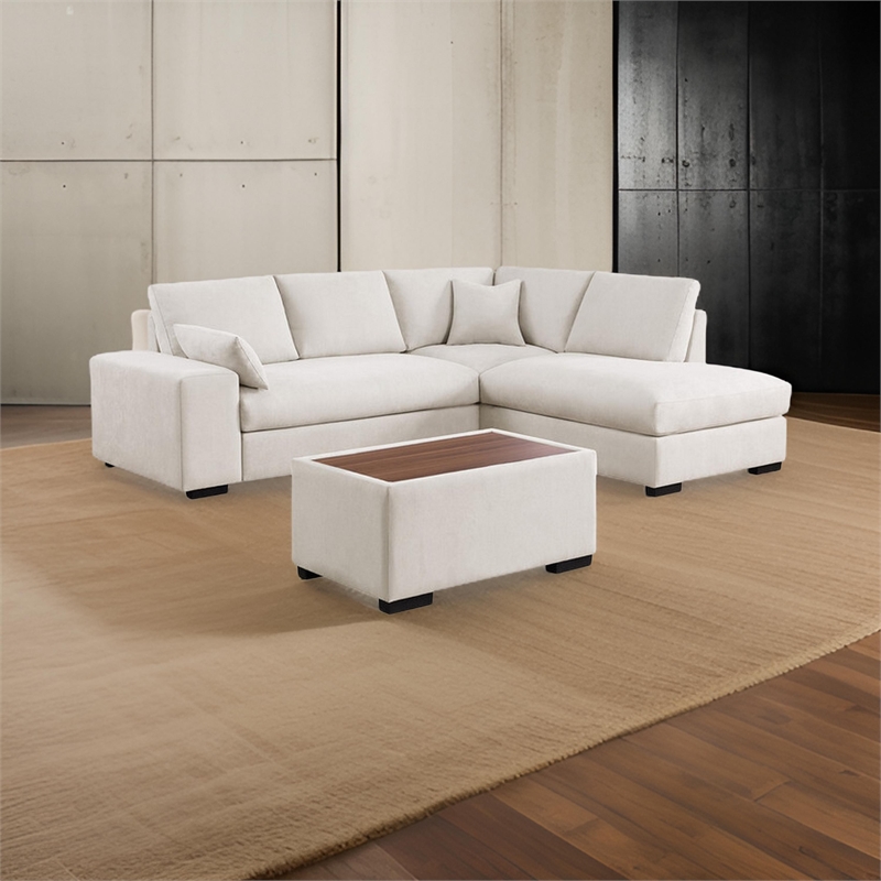 Eri 100 Inch Sectional Sofa- Right Facing Chaise- Ottoman- Pillows- Beige