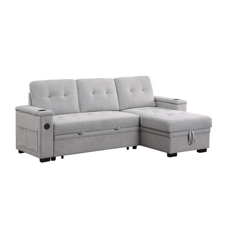 Lna 84 Inch Sectional Sofa- Pull Out Bed- Storage Chaise- USB- Light Gray