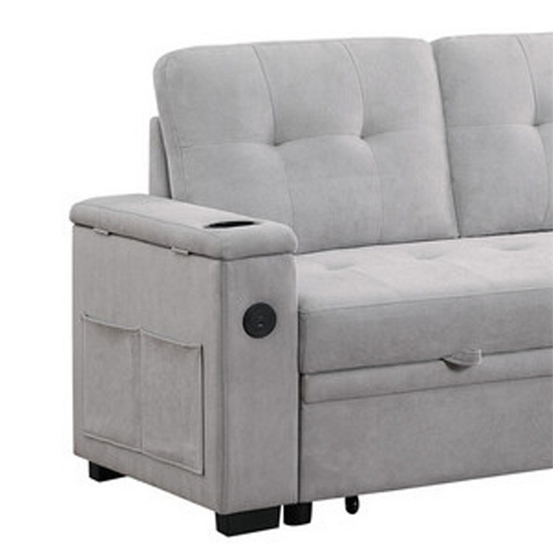 Lna 84 Inch Sectional Sofa- Pull Out Bed- Storage Chaise- USB- Light Gray