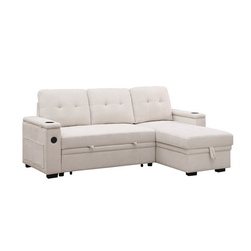 Lna 84 Inch Sectional Sofa- Pull Out Bed- Storage Chaise- USB- Beige Woven