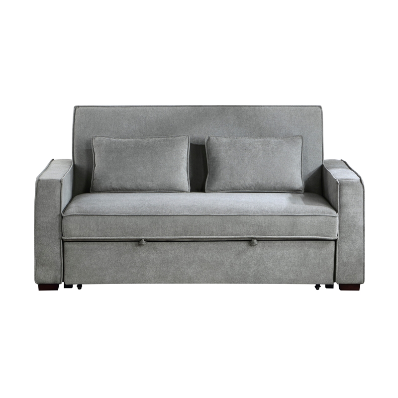 Malti 77 Inch Sofa with Pull Out Bed- Gray Polyester- 2 Pillows- Solid Wood