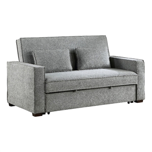 Malti 77 Inch Sofa with Pull Out Bed- Gray Polyester- 2 Pillows- Solid Wood