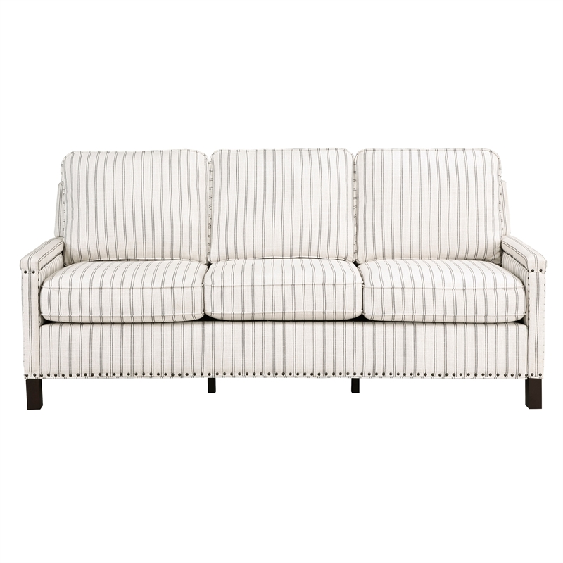 Claire 78 Inch Sofa- Beige- Gray Polyester Pinstripes- Cushions- Solid Wood